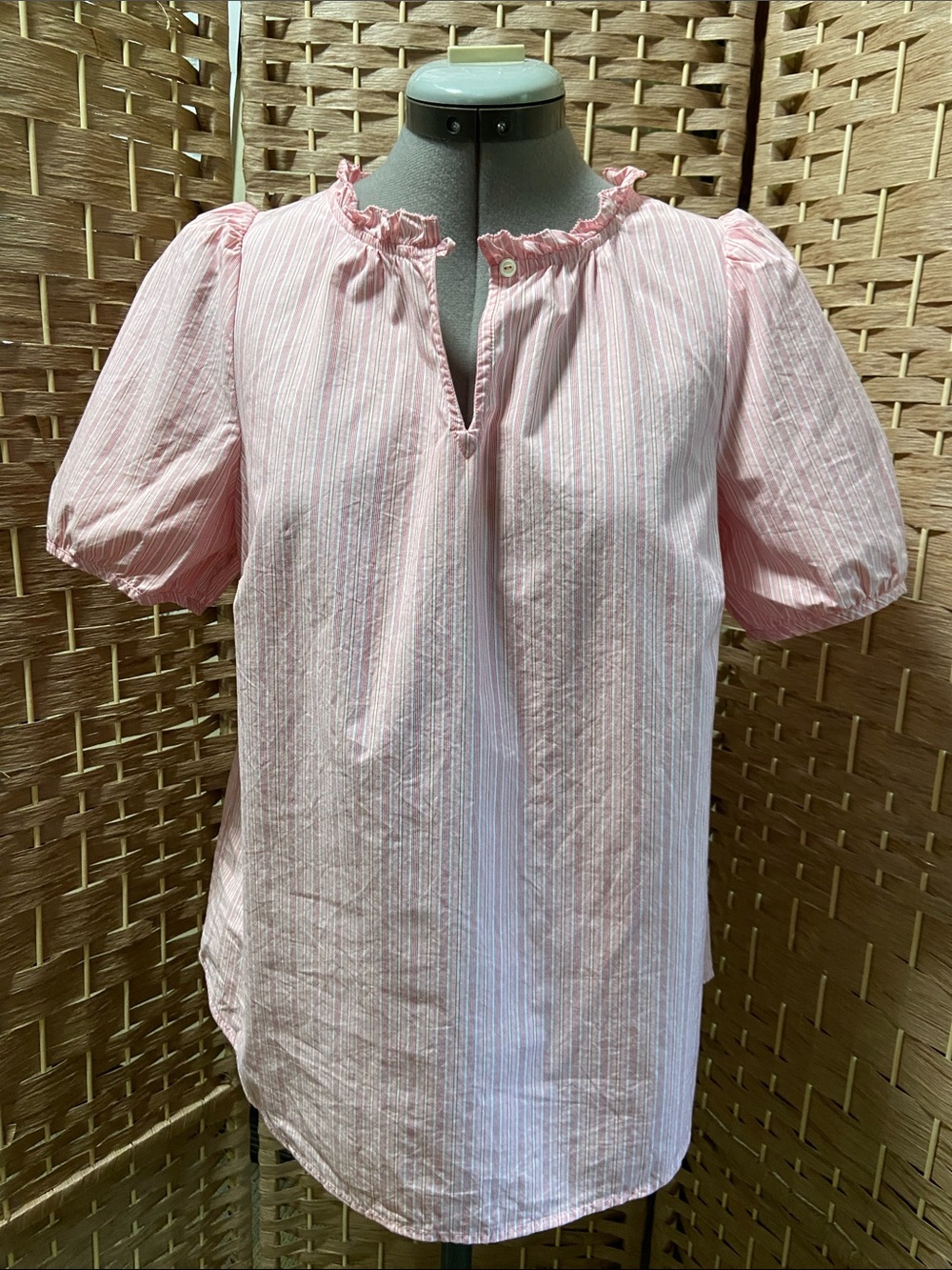 Talbots Pink Striped Ruffle Neck Puff Sleeve Top
